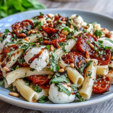 Caprese pasta salad with fresh basil, juicy cherry tomatoes, and creamy mozzarella in a vibrant summer dish.