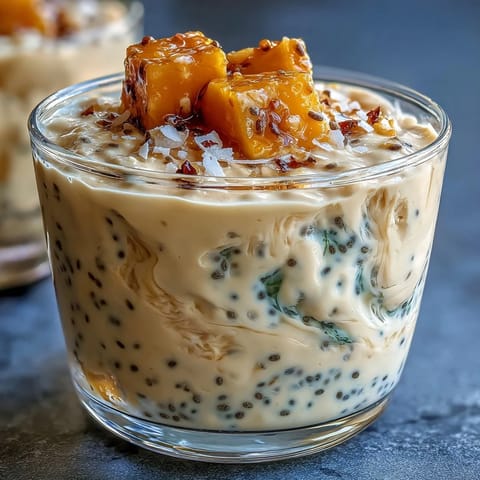 A vibrant glass of mango coconut chia smoothie topped with fresh mango cubes and coconut flakes.  