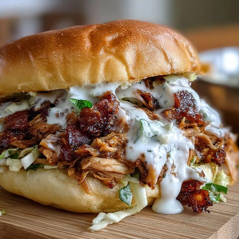 Smoked pulled chicken piled high on soft buns, drizzled with tangy white BBQ sauce and topped with crunchy coleslaw.  