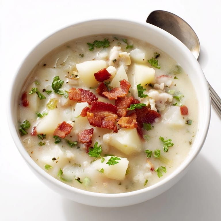 A bowl of homemade New England Clam Chowder, garnished with parsley, looks warm and comforting.