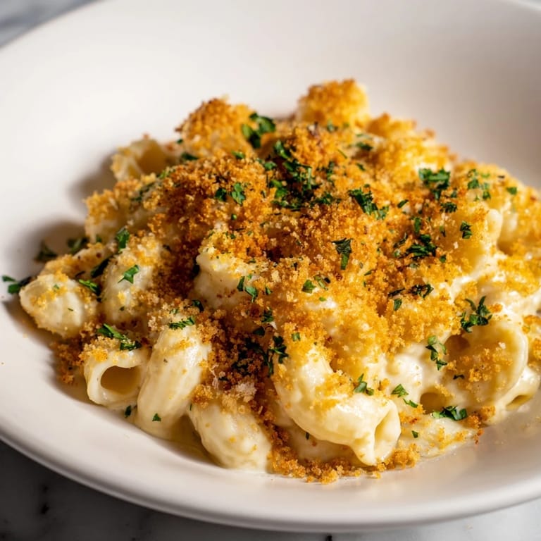 A close-up of creamy Curry Comfort Mac and Cheese, garnished with fresh cilantro, a flavorful fusion delight.