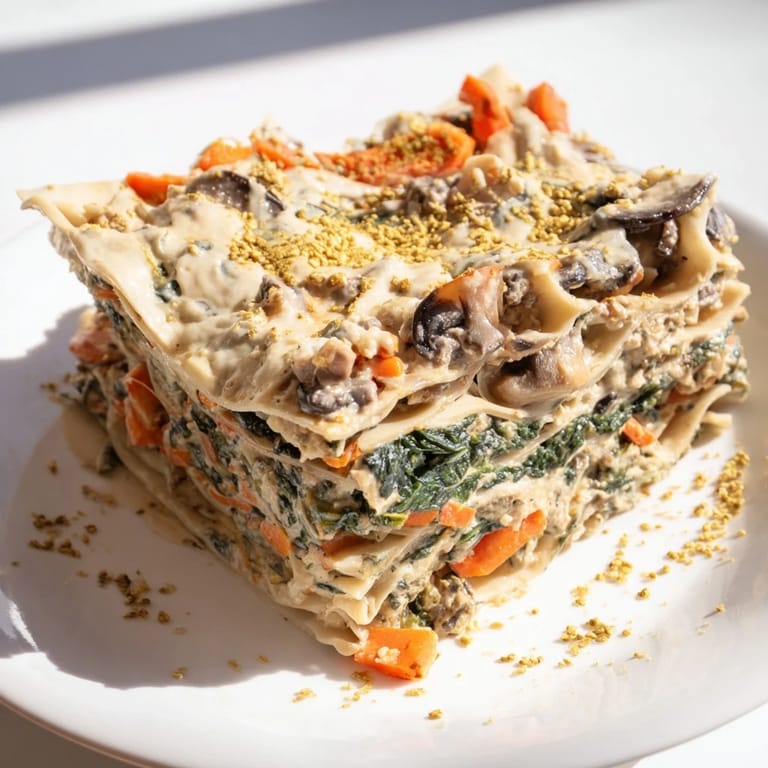 A close-up of a bubbling Vegan Lasagna showcasing layers of creamy béchamel and flavorful sauce.