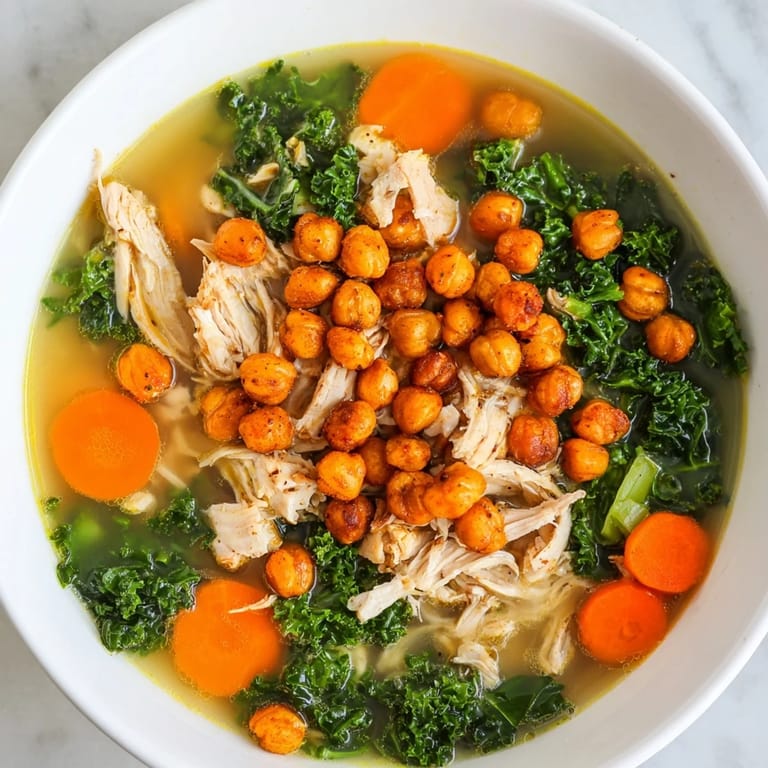 Golden, oven-roasted chickpeas topping flavorful Chicken Kale Soup with fresh kale and shredded chicken.