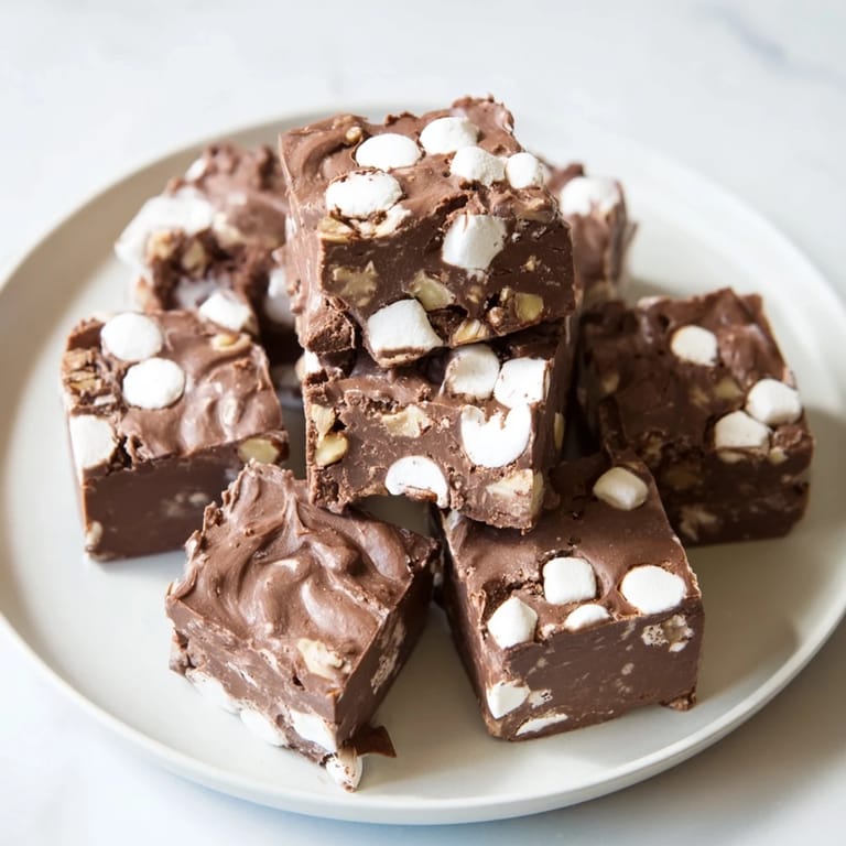 Rich, glistening chocolate 5-Minute Marshmallow Fudge squares, ready to be cut and served.