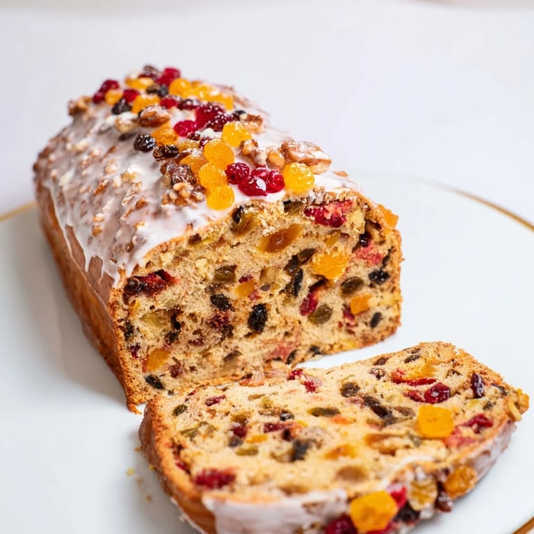Close-up of a festive, golden-brown Easy Glazed Christmas Fruit Loaf Cake, perfect for sharing.