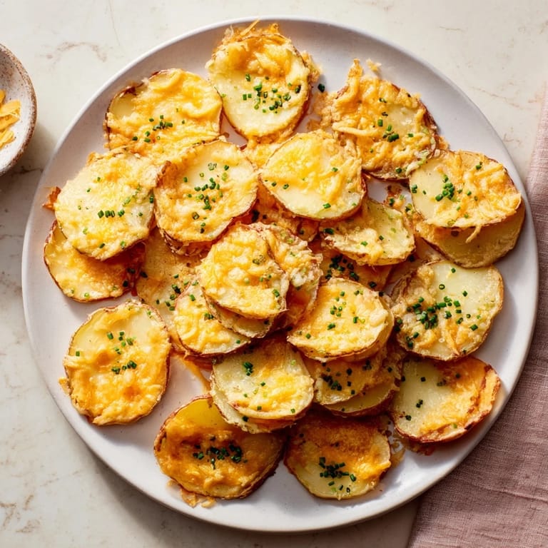 A close-up of creamy, cheesy layers: tender potatoes baked in rich sauce for these Cheesy Scalloped Potatoes.