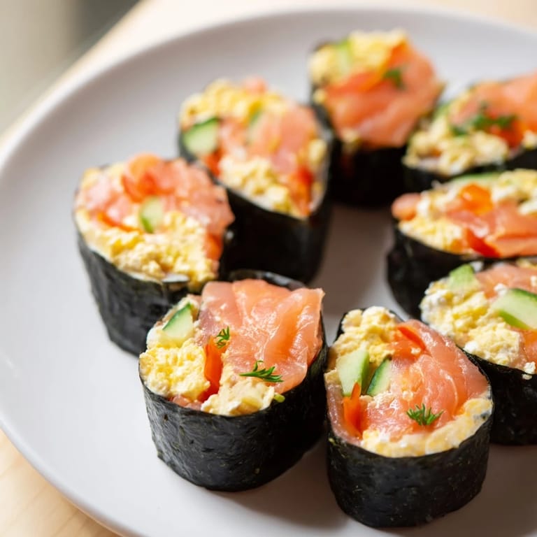 Sliced High-Protein Sushi Wrap Smoked Salmon Holiday Roll, featuring creamy layers and colorful fillings, a holiday delight.