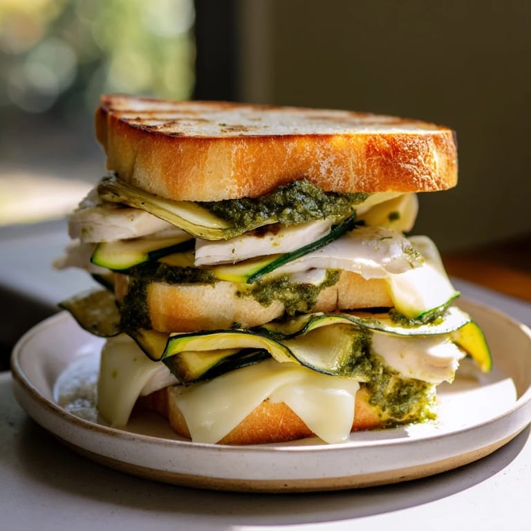 A close-up of a perfectly grilled Pesto Turkey Zucchini Grilled Cheese Stack, ready for a delicious bite.