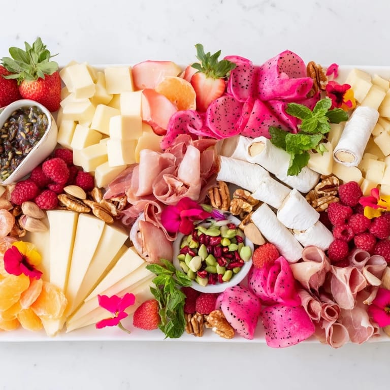 Delicious summer Flamingo Paradise Board with prosciutto, brie, and strawberries offering a festive party snack selection.