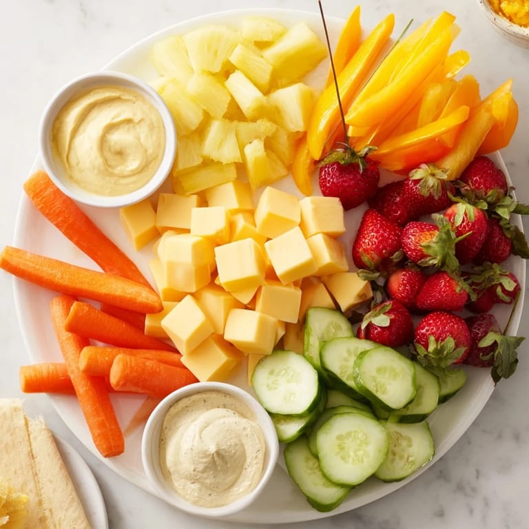 This colorful Sunshine Snack Tray presents pineapple, grapes, and carrots ready for a party appetizer.