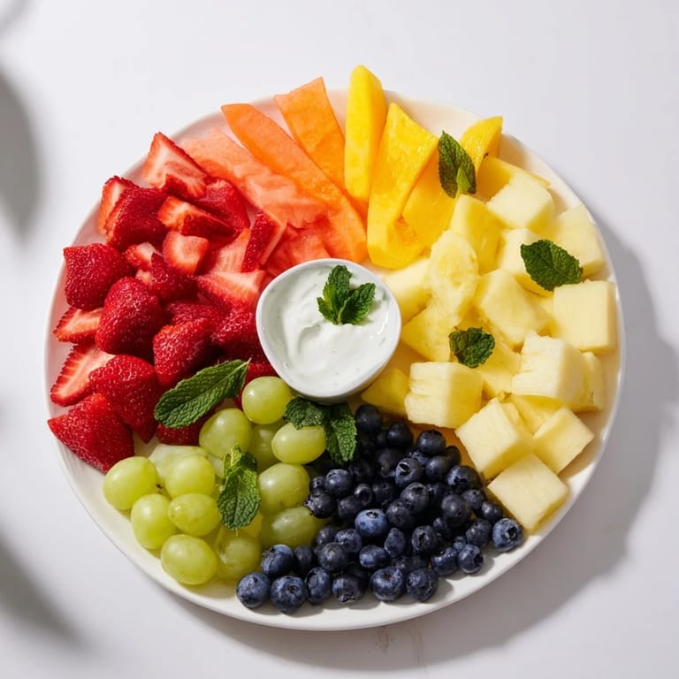 A refreshing beach ball fruit platter, with vibrant watermelon, berries, and pineapple sections.