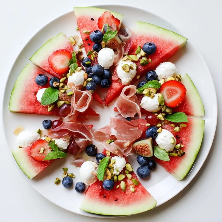 A fresh and colorful Watermelon Slice Charcuterie board with assorted fruits, cheeses and nuts ready to enjoy.