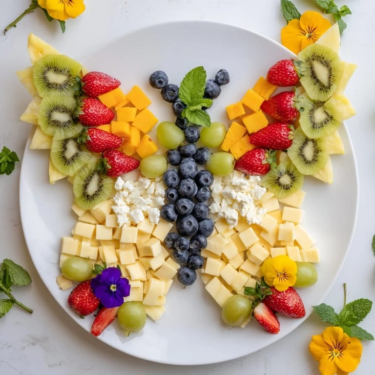 Butterfly Summer Board: Fresh fruit and cheese butterflies on a wooden board, ready to be enjoyed as appetizers.