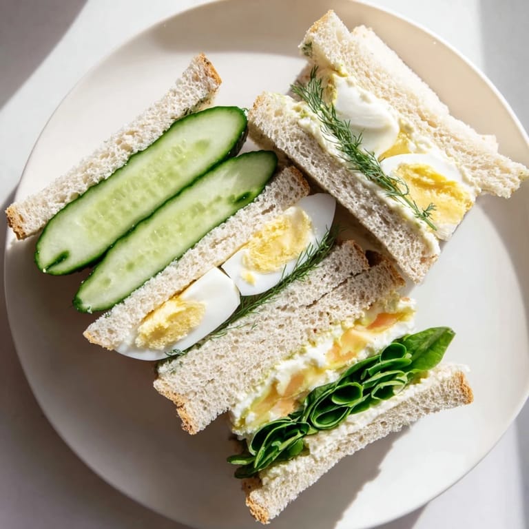 Close-up of fresh Castle Feast Royal Tea Party Sandwiches—cucumber, salmon, and egg—perfect for a tea party.