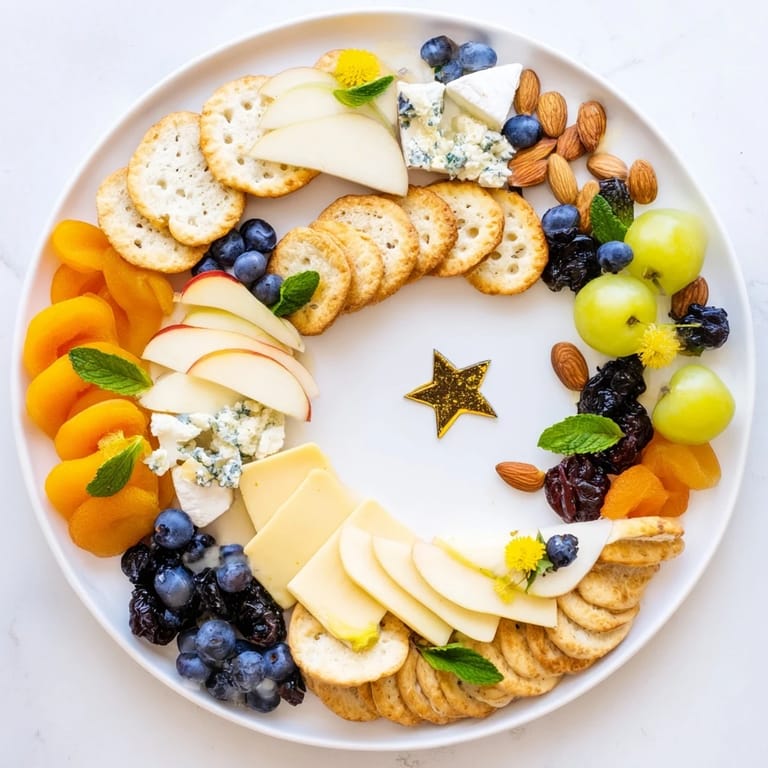 This Crescent Moon Midnight Snack Board boasts a stunning display of cheeses, fruit, and crackers ready to enjoy.