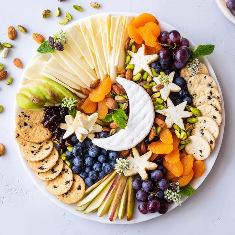 Enjoy this easy Crescent Moon Midnight Snack Board, with crescent-shaped brie, fresh fruit, and crunchy nuts.