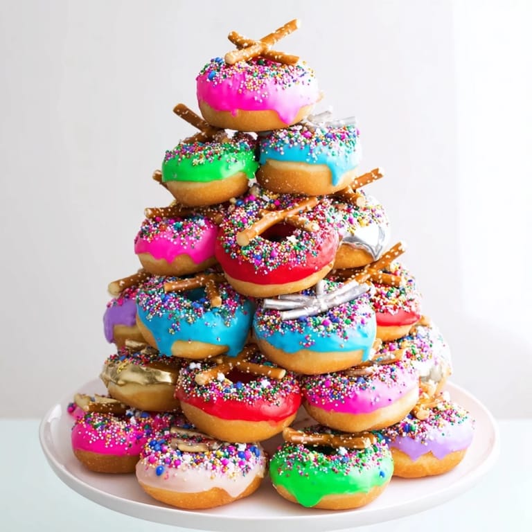 Vivid close-up: Mini-donuts artfully arranged to form the Donut Stack Christmas Ornament Tower, ready to serve!