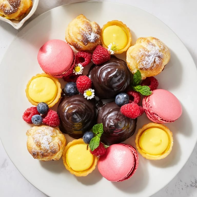 Indulge your senses with the beautifully arranged Montgolfière Dessert Platter, featuring mini pastries and vibrant garnishes.