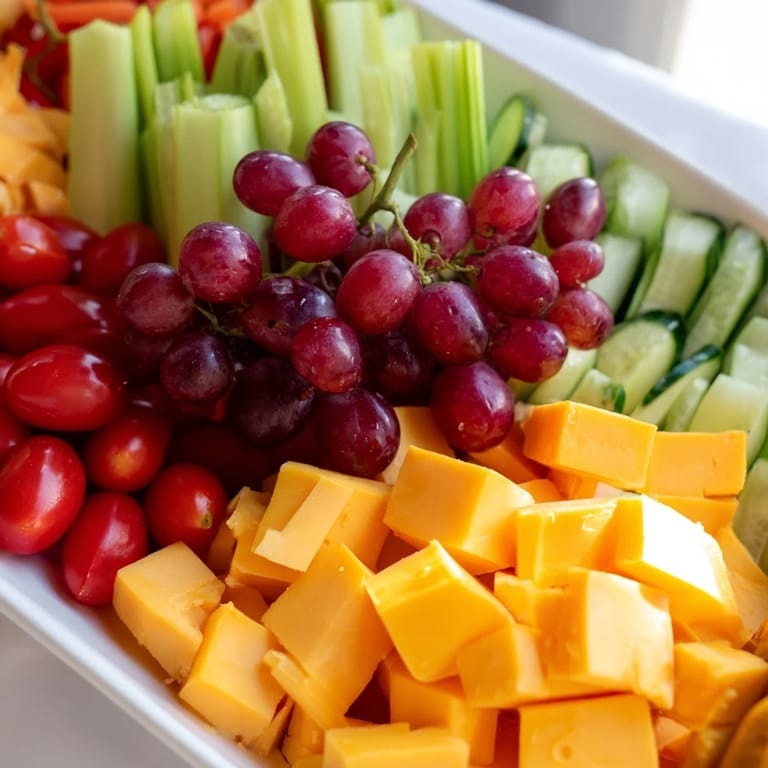 Enjoy a delicious Road Trip Snack Platter complete with crunchy pretzels, fresh fruit, and tasty hummus dip to share!