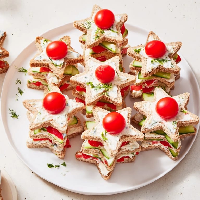 Miniature Stacked Star Christmas Tree Sandwiches, layered bread stars with cream cheese and fresh parsley garnish.