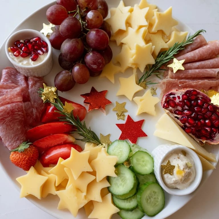 Festive Happy New Year Star Board showcases star-shaped cheeses, meats, and colorful fruits perfect for the occasion.