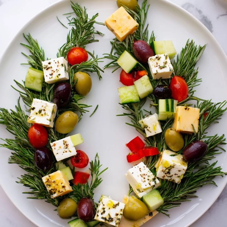 Mediterranean-style cheese and olives pine tree appetizer; a savory holiday wreath arrangement with olives.
