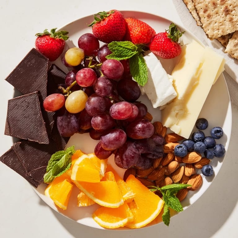 The beautifully arranged Grapes of Fortune Dessert Board features colorful grapes, cheeses, and decadent chocolate.