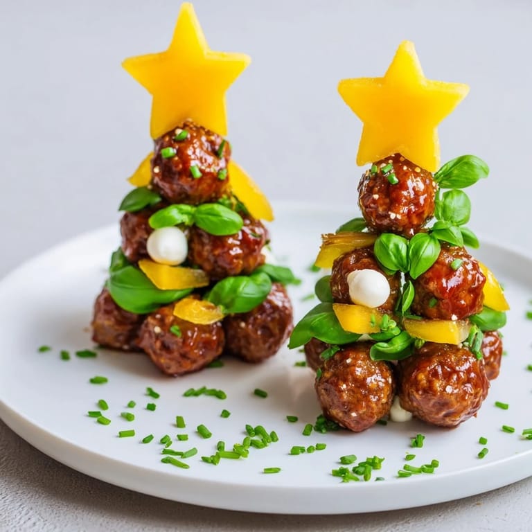 Served warm, these Mini Meatball Christmas Trees combine tasty meatballs with festive toppers and fresh basil.