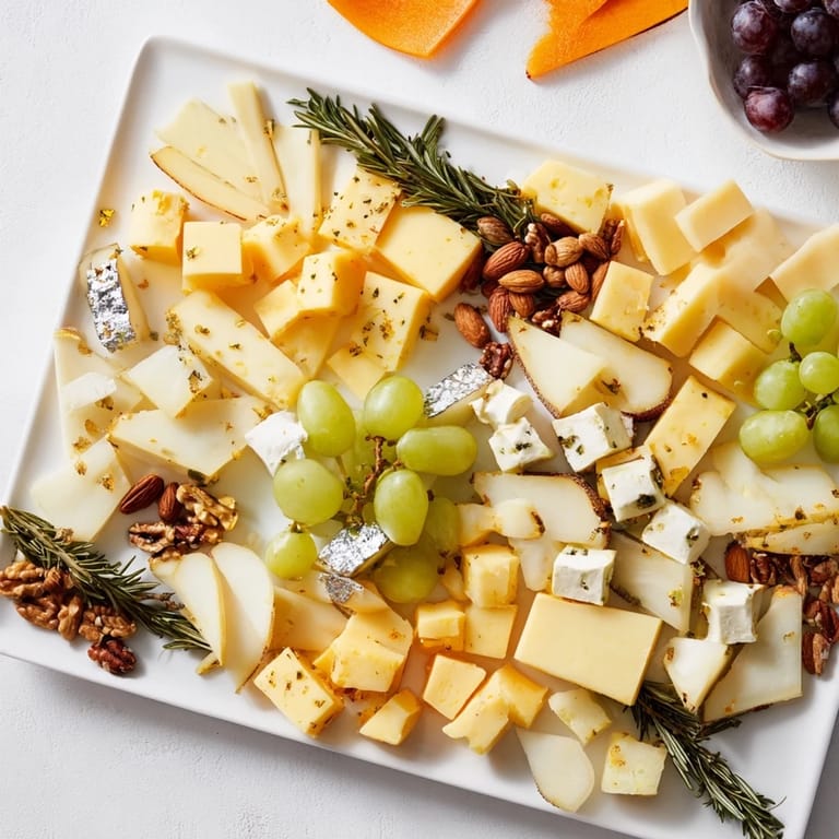 Festive Gold and Silver Cheese Cube Board, showcasing an assortment of cheese, nuts, and crackers.