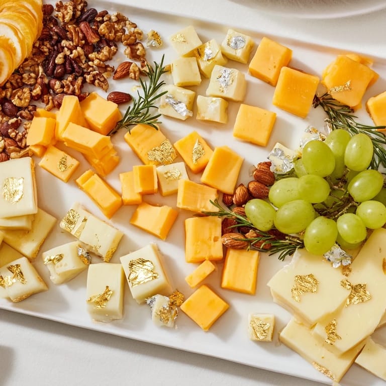 Vibrant photo of a Gold and Silver Cheese Cube Board with grapes, pear slices, and a variety of cheeses.