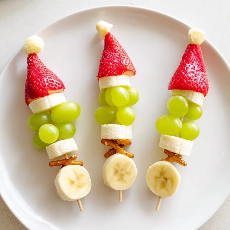 Close-up of cheerful Elf Hat Strawberry Skewers, a delightful snack featuring colorful, healthy ingredients.