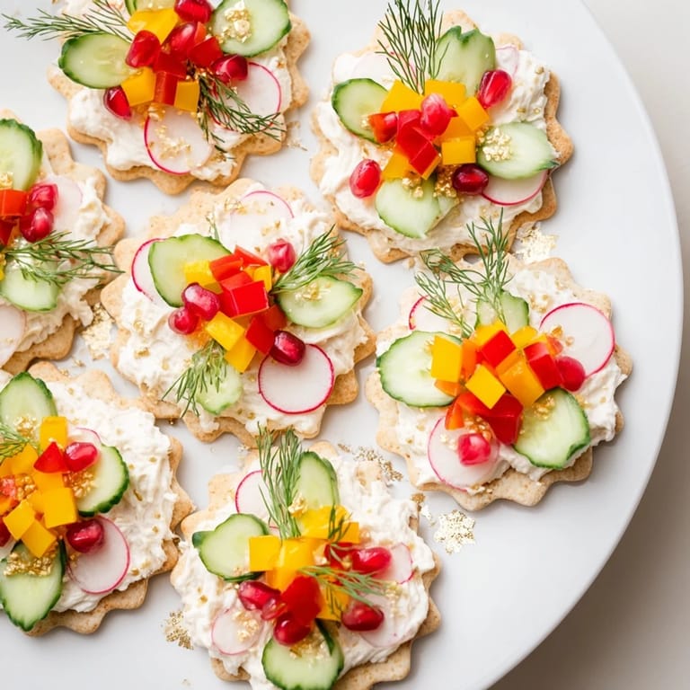 Vibrant and beautiful Ornament Shaped Cracker Toppings, perfectly decorated with fresh herbs and vegetables for you.