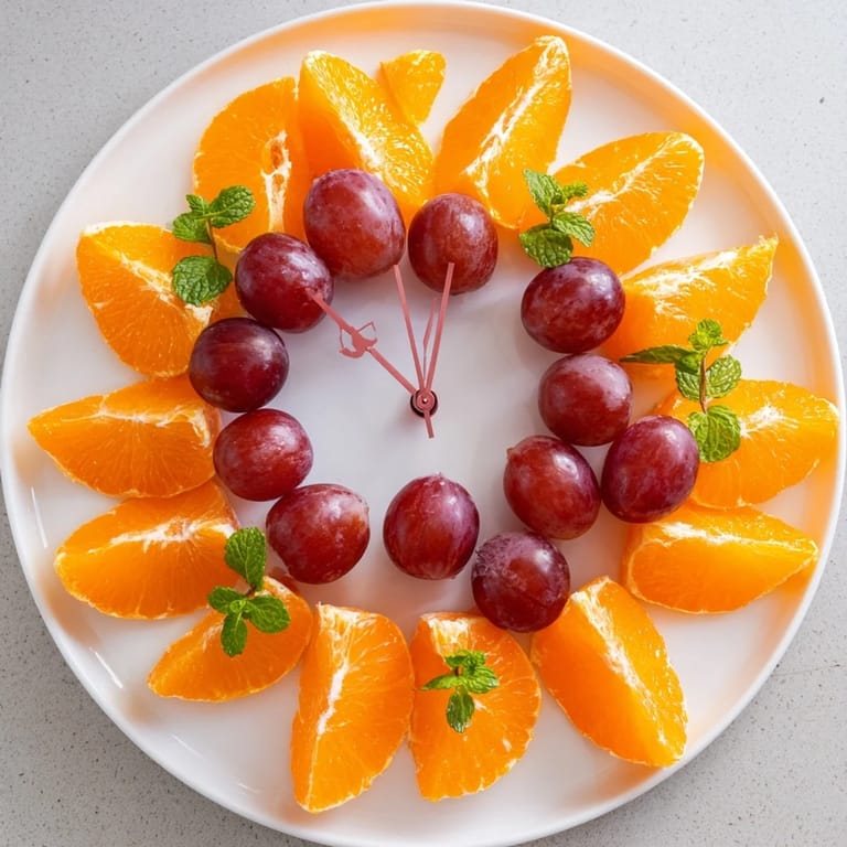 Fresh orange segments and grapes artfully create a clock face, a fun and easy fruit platter recipe.