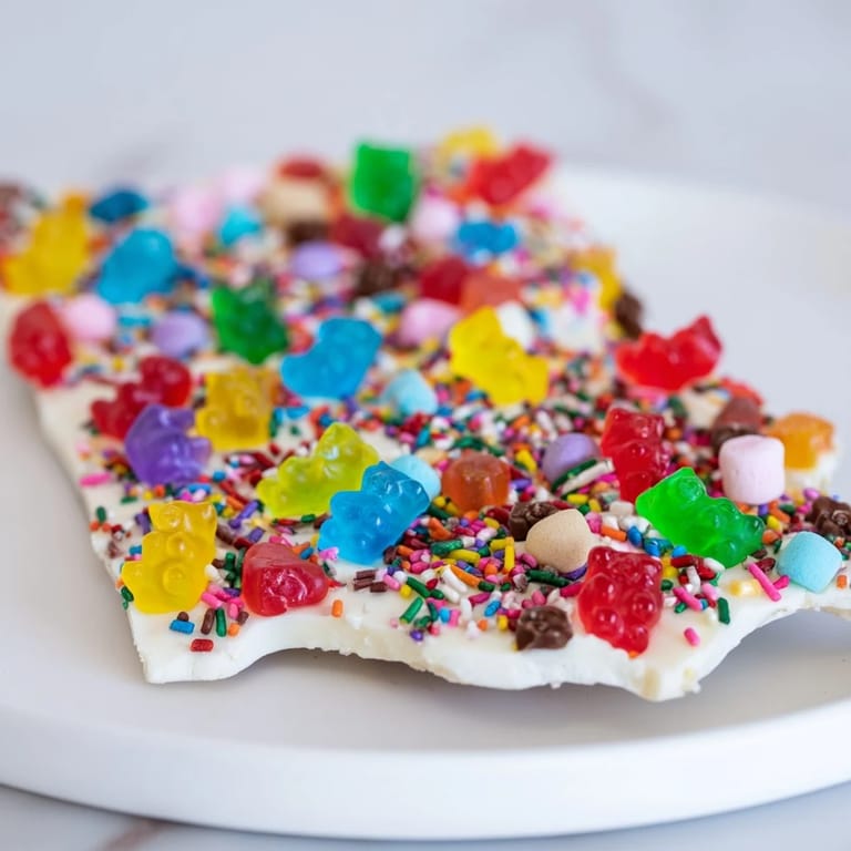 This image shows a tray of white chocolate topped with gummy bears, crushed candy canes, and marshmallows, ready to serve.