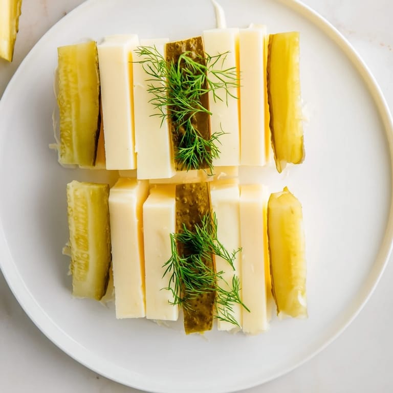 Beautiful arrangement of dill pickles with various sliced cheeses, ready to be enjoyed as a snack.