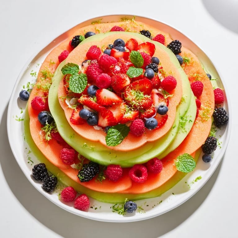 Fresh berries layered atop colorful melon slices create an inviting and refreshing Fruit Platter.