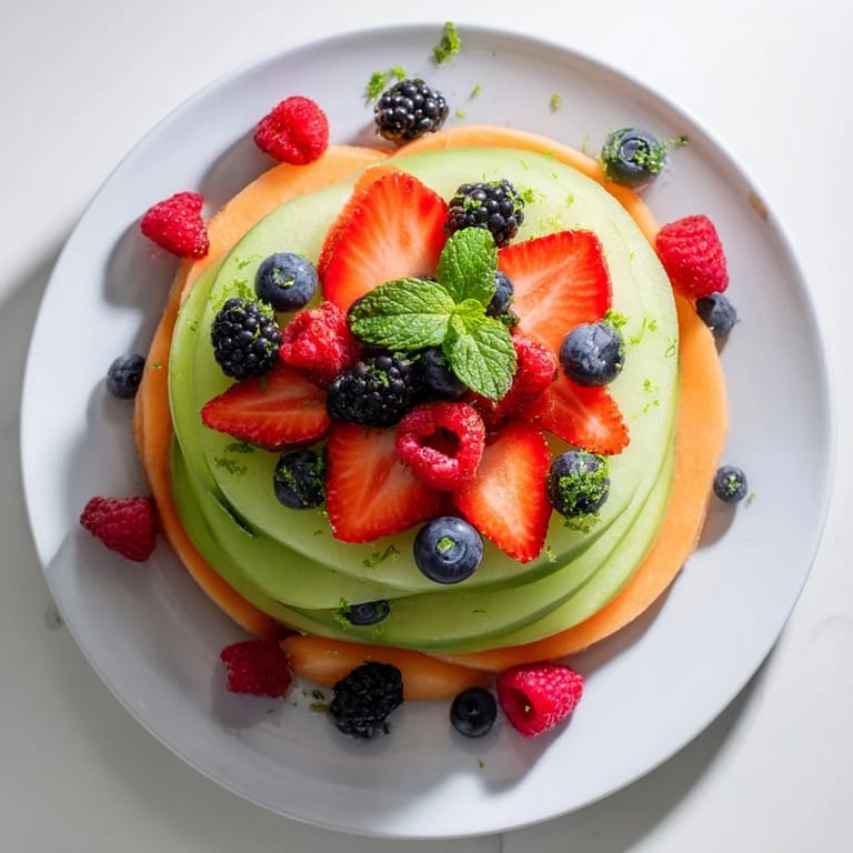 A colorful Fruit Platter bursting with juicy melon rounds and sweet berries, ready to enjoy.