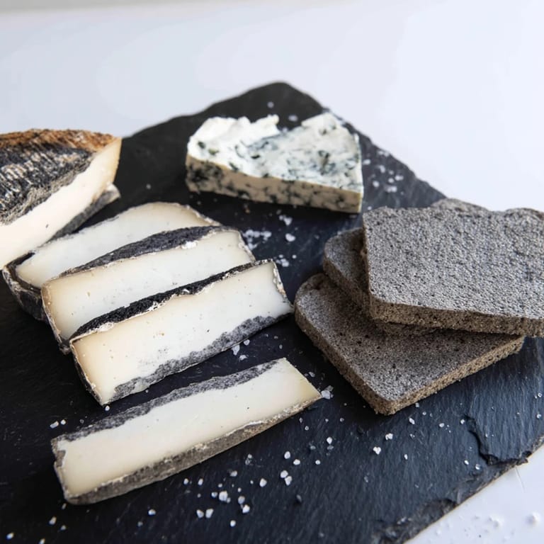 Artfully arranged Monochrome Gray Stone Cheese Board, featuring blackberries and blue-veined cheese for elegant serving.