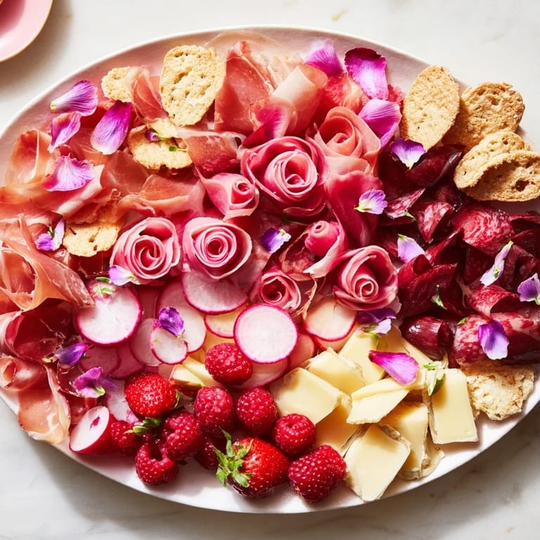 This Pink Petal Watercolor Wash presents an artistic display of elegant meats and cheeses ready to enjoy.