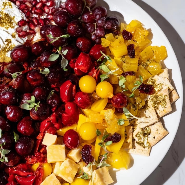 Vivid colors in this Crimson & Gold Gala cheese board, with wine-soaked cheese and roasted peppers invitingly presented.