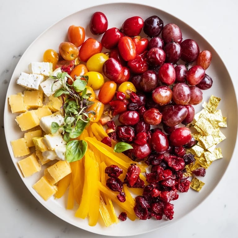 Arranged appetizer of a Crimson & Gold Gala features contrasting bright golds and deep crimson flavors to enjoy.