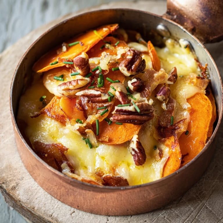 Warm, bubbling Copper Penny Warmth, featuring roasted sweet potatoes, apricots, and golden cheddar cheese.