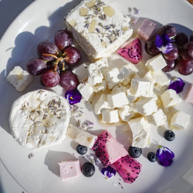 A close-up image of the Lavender Haze Dreamscape cheese board: a feast of pastel colors and textures.