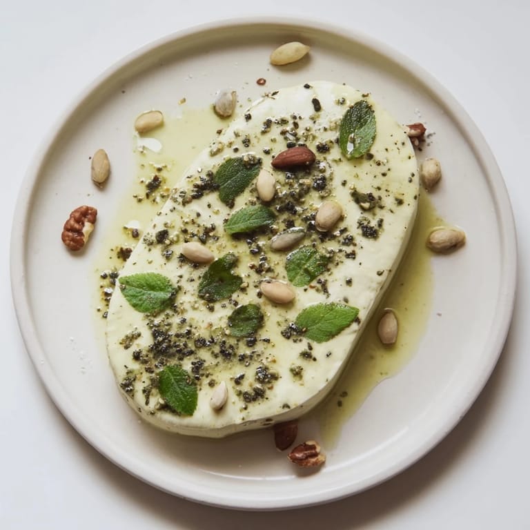 Enjoy the delicious Fossil Record appetizer: a creamy cheese spread with herb imprints and crunchy nuts.