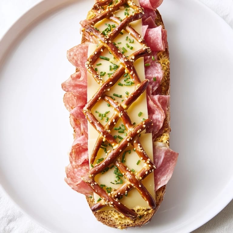 This impressive The Lattice Window appetizer features a pretzel stick lattice over meats and cheeses.