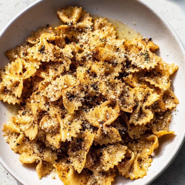 Crispy bite-sized Pasta Chip Cereal, a fun snack or appetizer, served with a flavorful broth.