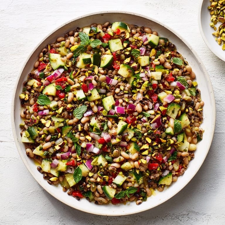 A close-up view displaying the textures of the Dense Bean Salad with Dubai Chocolate Notes, ready to eat.