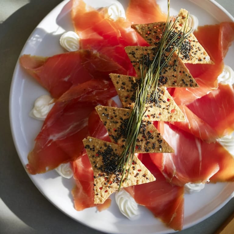 Artfully arranged Paper Crane appetizer, with prosciutto and sesame crackers, is visually striking and delicious.