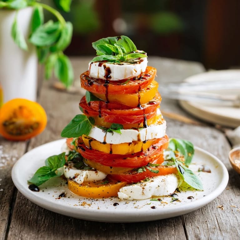 A vertical stack of a Tuscan Pillar, showcasing vibrant red tomatoes with creamy mozzarella.