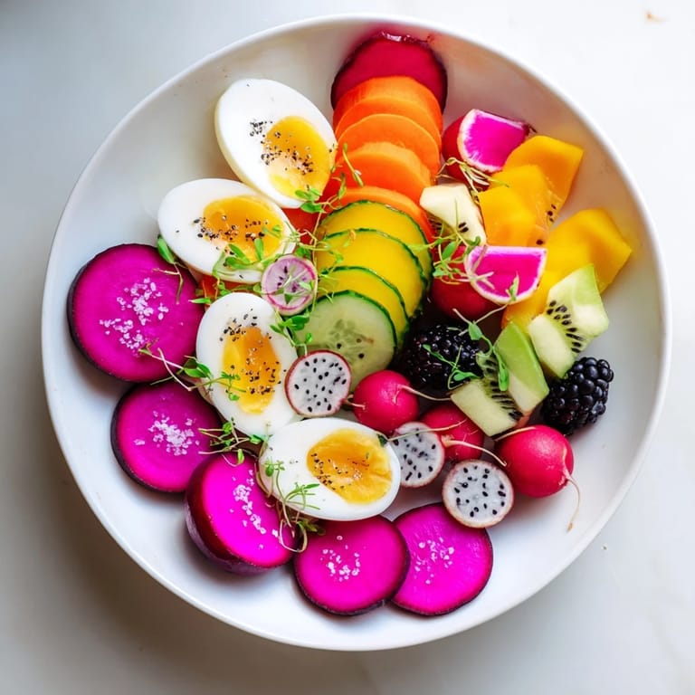 Beet-dyed eggs, vibrant fruits, and pickles make up the colorful presentation of The Neon Night appetizer.